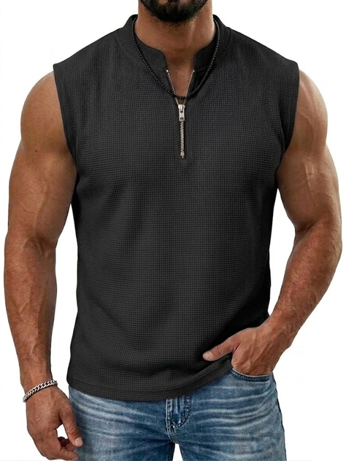 Men's Sleeveless Solid Color Textured Pullover Vest