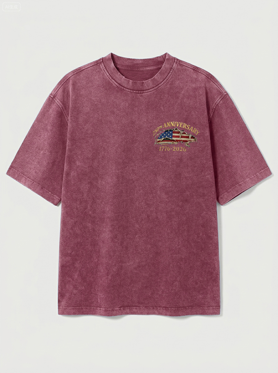 100% Cotton Vintage Washed & Distressed USA 250th Anniversary Crew Neck Short-Sleeve T-Shirt