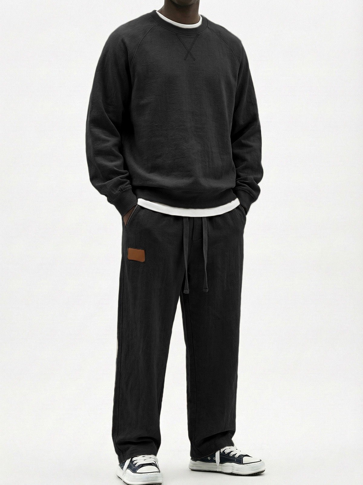 Men's Casual Cotton Embroidered Patchwork Long-Sleeve T-Shirt and Pants Set