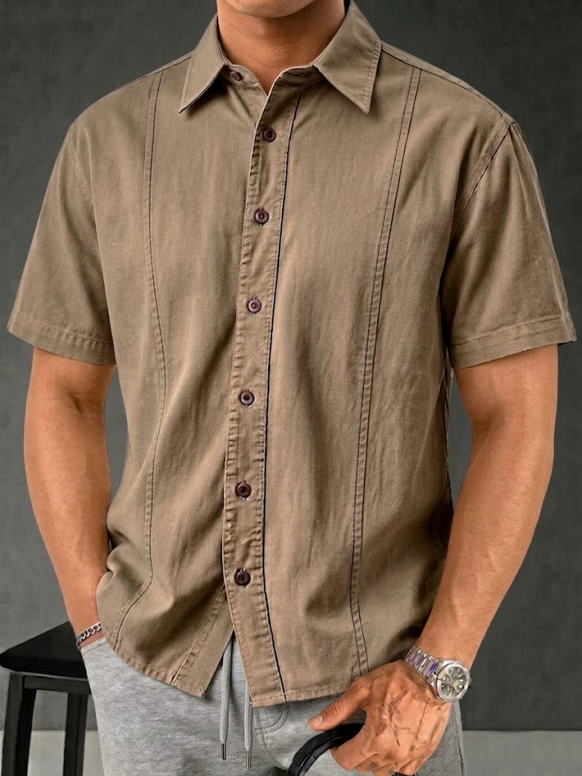 Men's Retro Solid Color Casual Patchwork Shirt