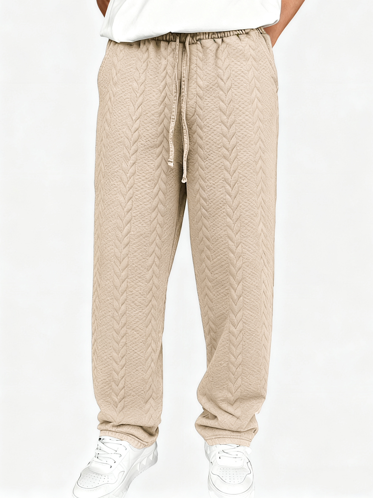 Men's Casual Jacquard Loose Solid Color Drawstring Wide-leg Straight Trousers
