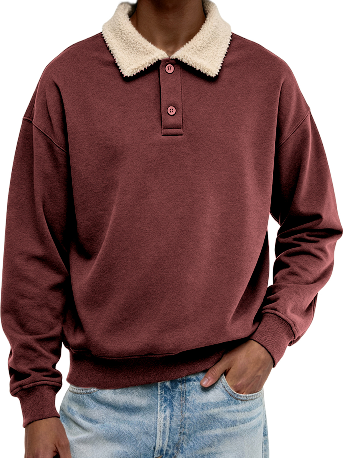 Men's Casual Sherpa Patchwork Collar Christmas Button-down Polo Shirt