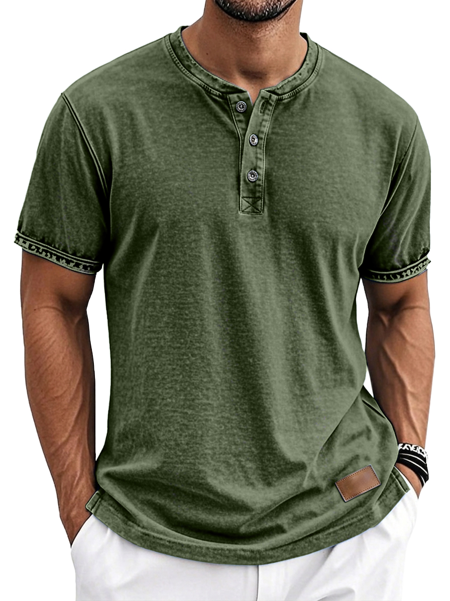 Men's Vintage Washed Retro Casual Short Sleeve Henley Shirt with Leather Logo Patch