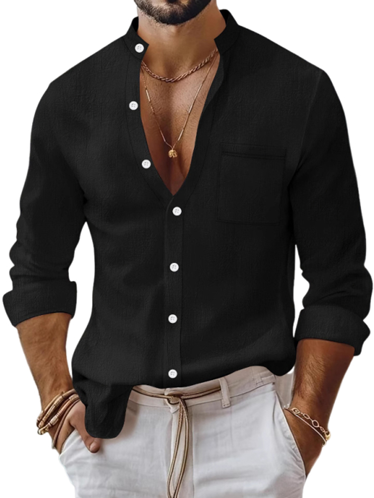 Men's Cotton Resort Stand Collar Casual Long Sleeve Shirt With Chest Pocket