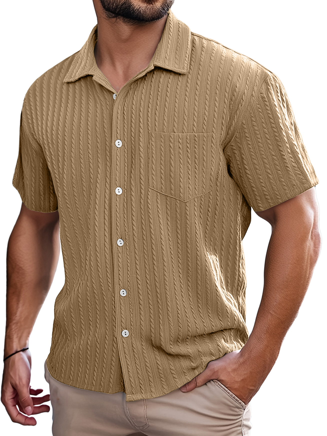 Men's Retro Casual Striped Jacquard Pocket Short-sleeved Shirt