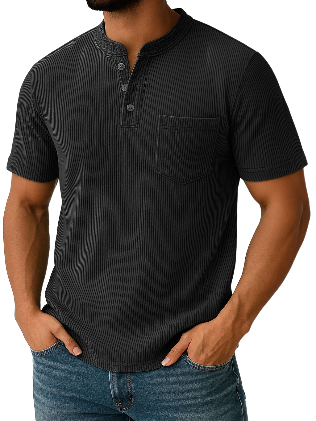 Men's Retro Stand-up Collar Ribbed Texture Vertical Stripe Pocket Casual T-shirt