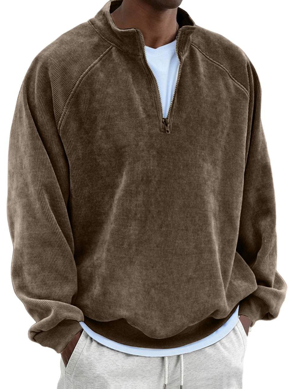 Men's Retro Fashion Corduroy Patchwork Raglan Sleeve Quarter Zip Sweatshirt
