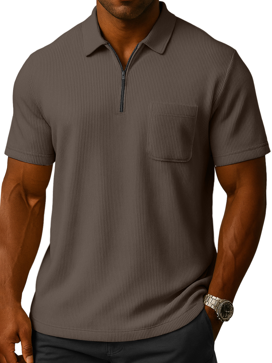Men's Solid Color Loose And Comfortable Vertical Stripes Zipper Pocket Short-sleeved Polo Shirt