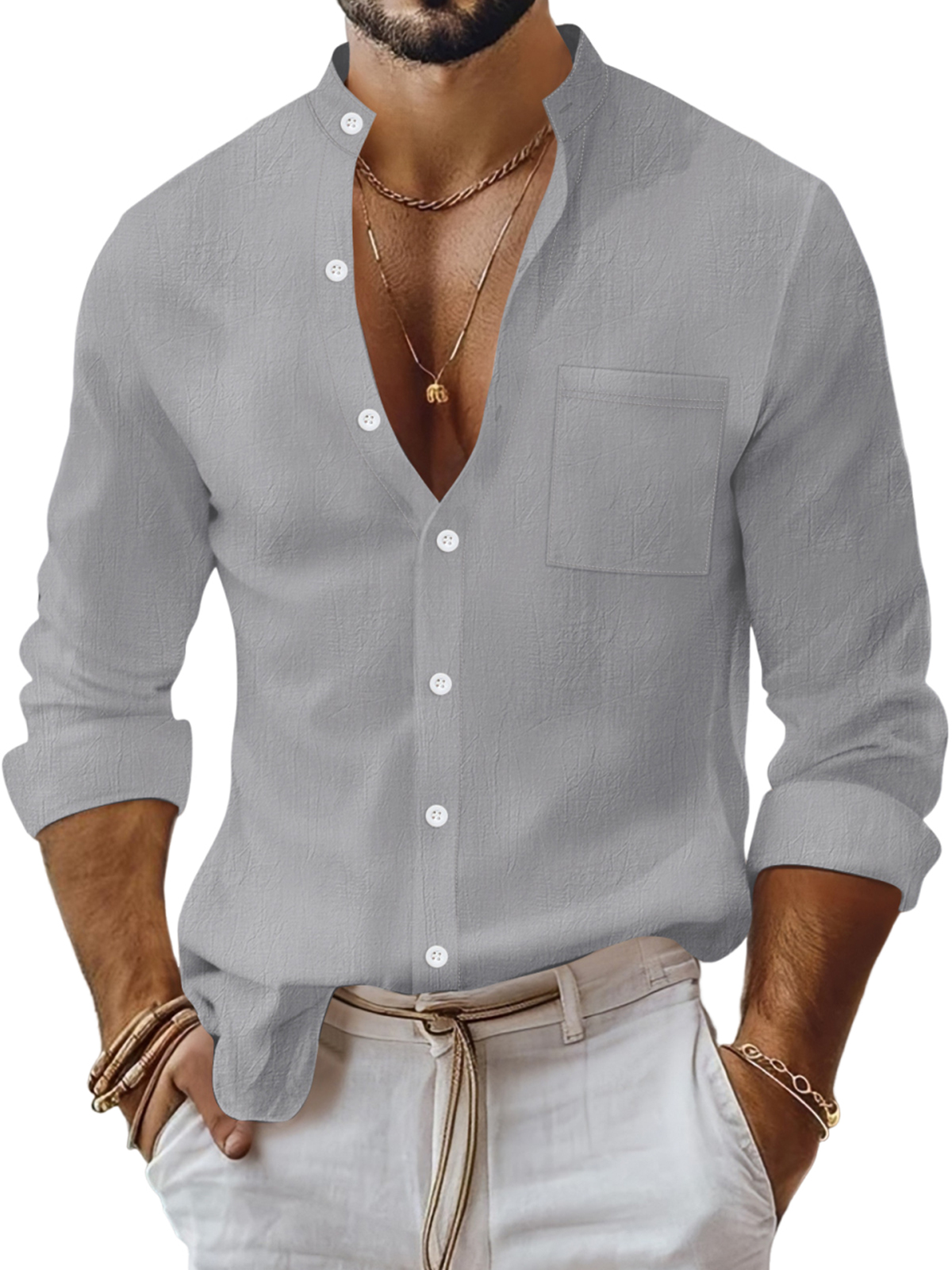 Men's Cotton Resort Stand Collar Casual Long Sleeve Shirt With Chest Pocket