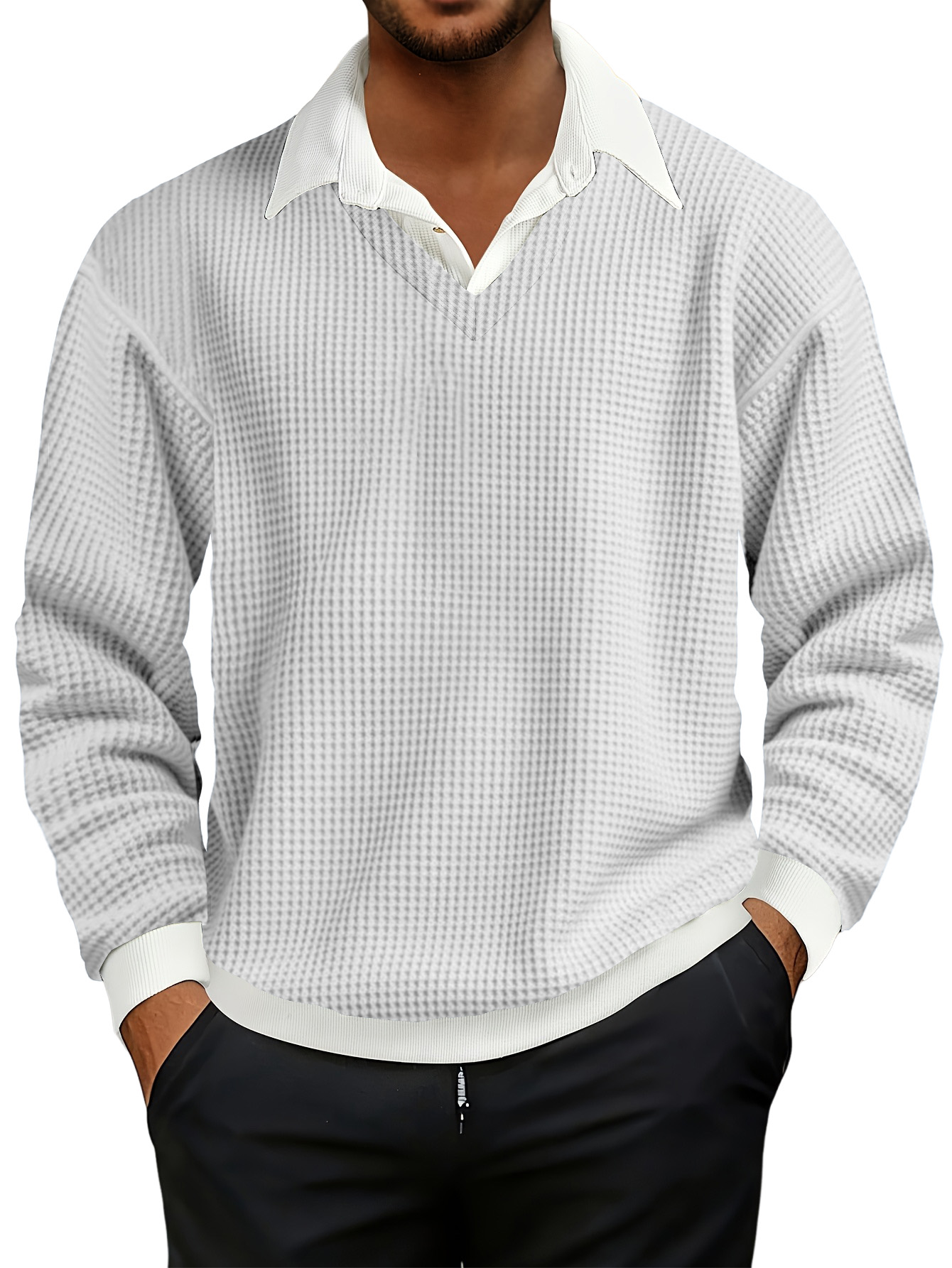 Men's Fashionable Casual Waffle Faux Two-piece Polo Sweatshirt