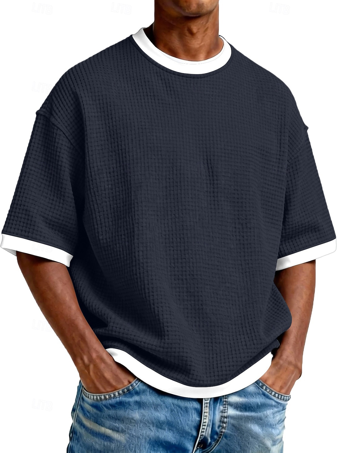 Men's Casual Waffle Fabric Double Pocket Long-Sleeve Shirt