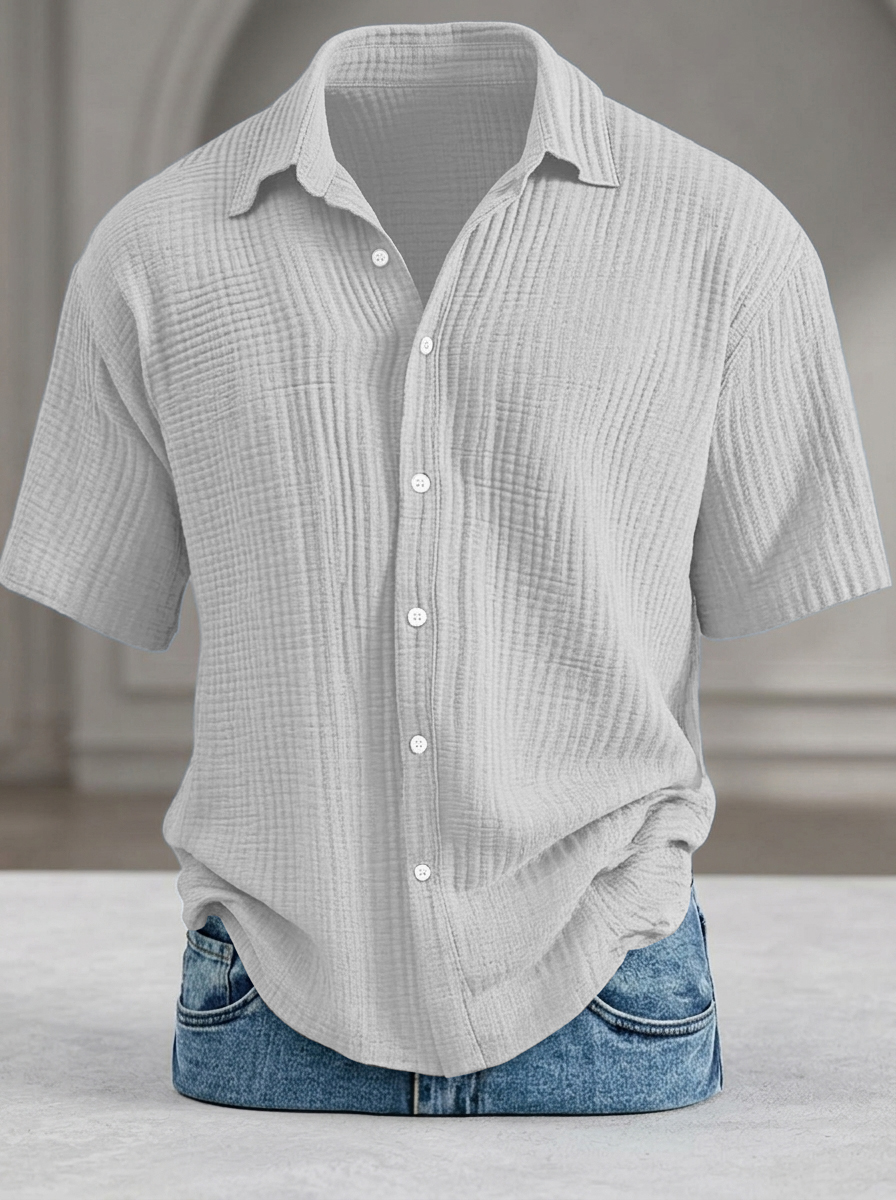 Men's Casual Loose-Fit Textured Short-Sleeve Shirt