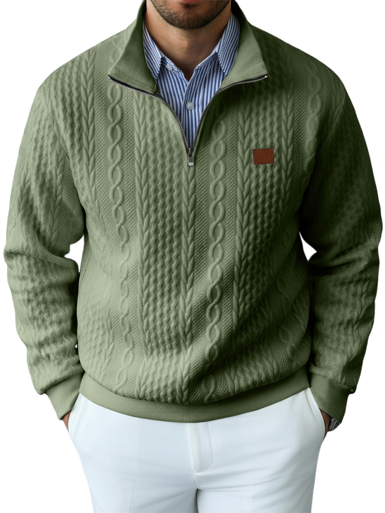 Men's Casual Solid Color Cable Knit Textured Quarter Zipper Stand Collar Sweatshirt