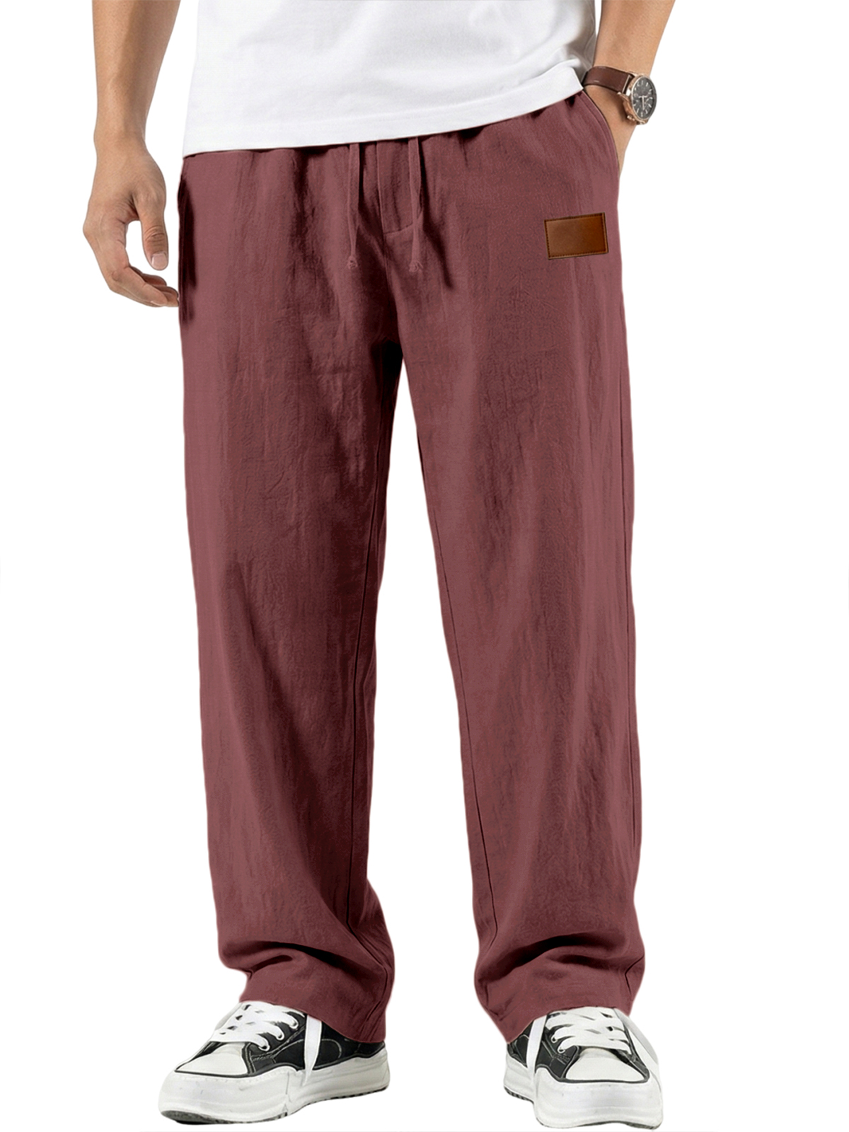 Men's Comfort Cotton-linen Breathable Pants with Embroidered Leather Labels