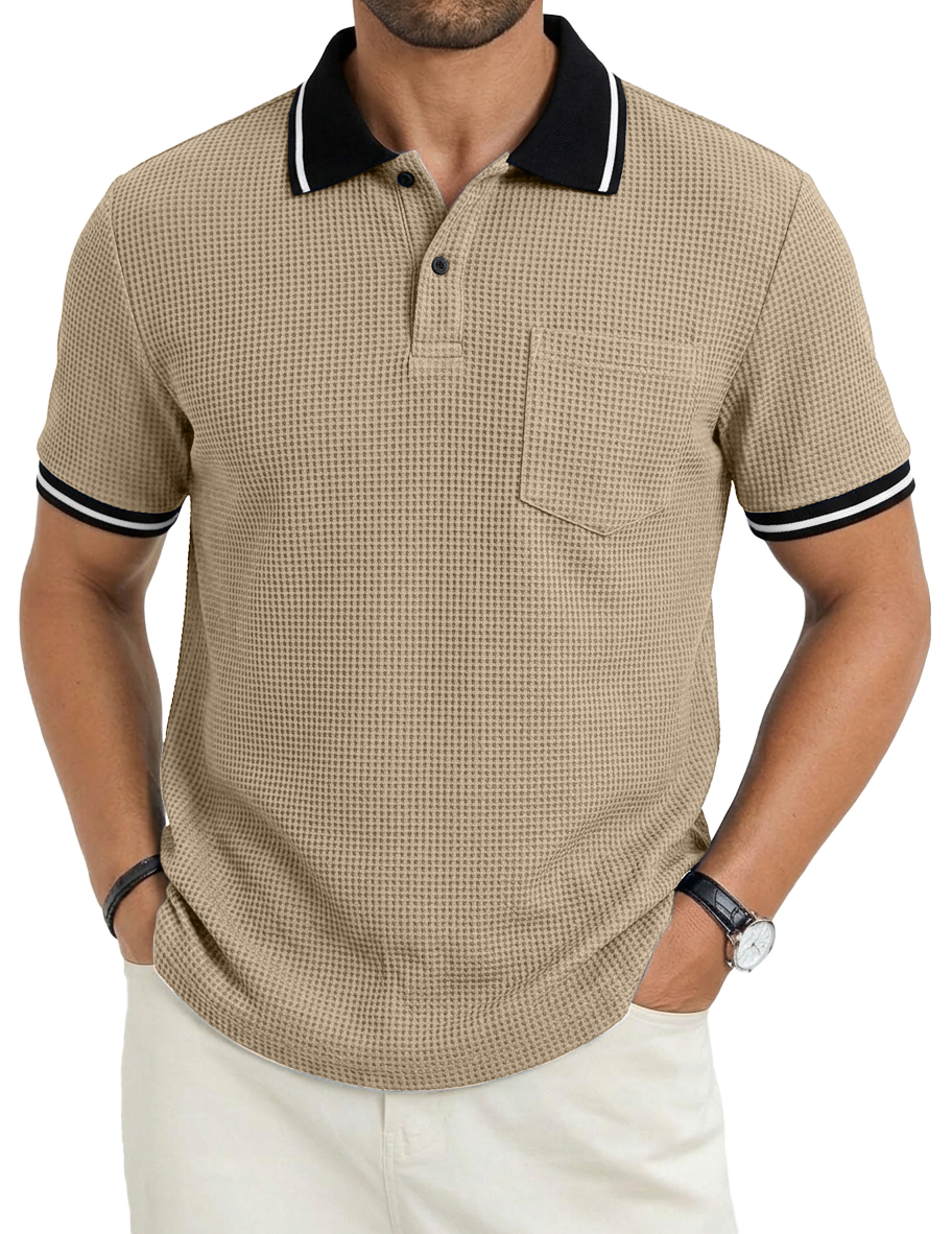 Men's Fashionable Casual Commuter Color-blocked Waffle Fabric Polo Shirt