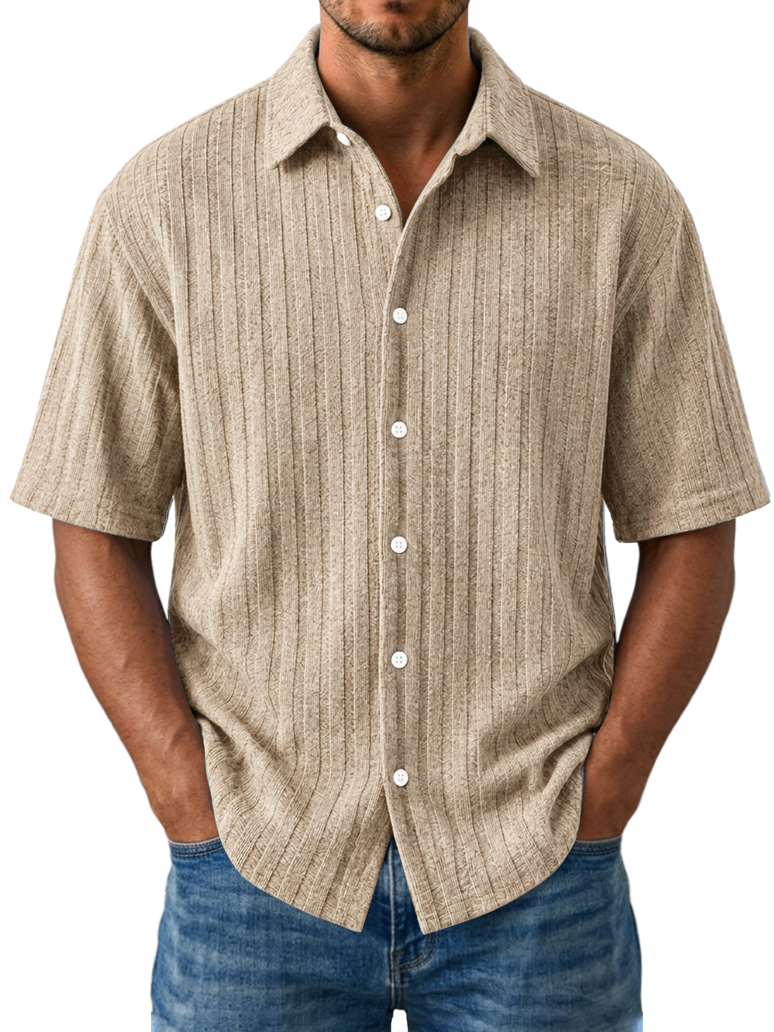 Men's Casual Striped Jacquard Short Sleeve Shirt