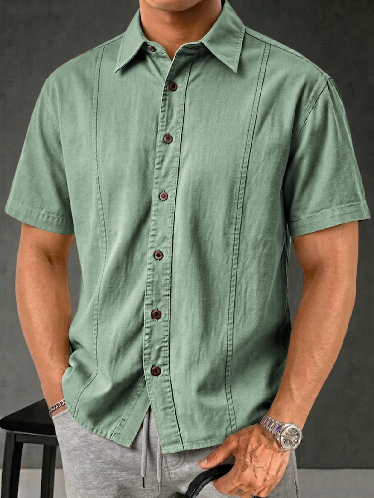 Men's Retro Solid Color Casual Patchwork Shirt
