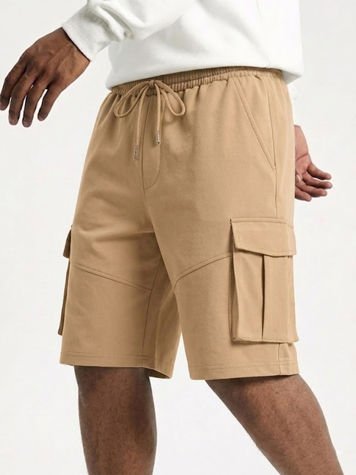 Men's Solid Color Workwear Style Multi-pocket Drawstring Elastic Waist Casual Shorts