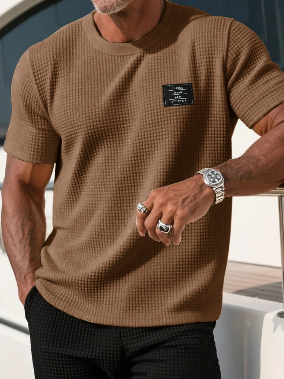 Men's Casual Waffle Fabric Logo Short-sleeved T-shirt