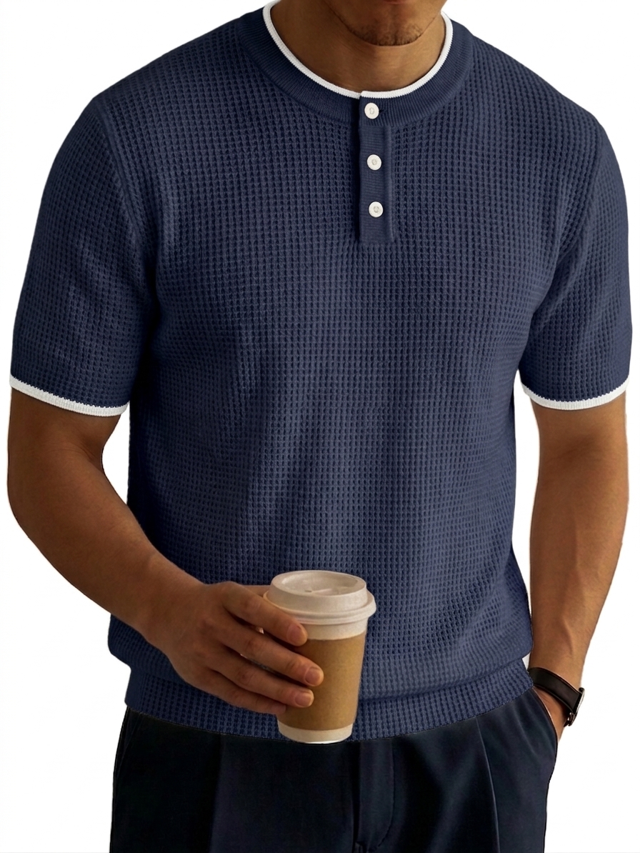Color-Block Waffle-Knit Basic Casual Henley Shirt