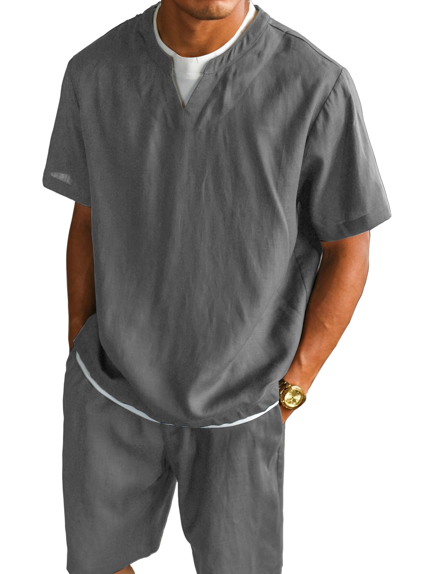 Men's V-neck Color-blocked Faux Two-piece Short-sleeved T-shirt and Shorts Set
