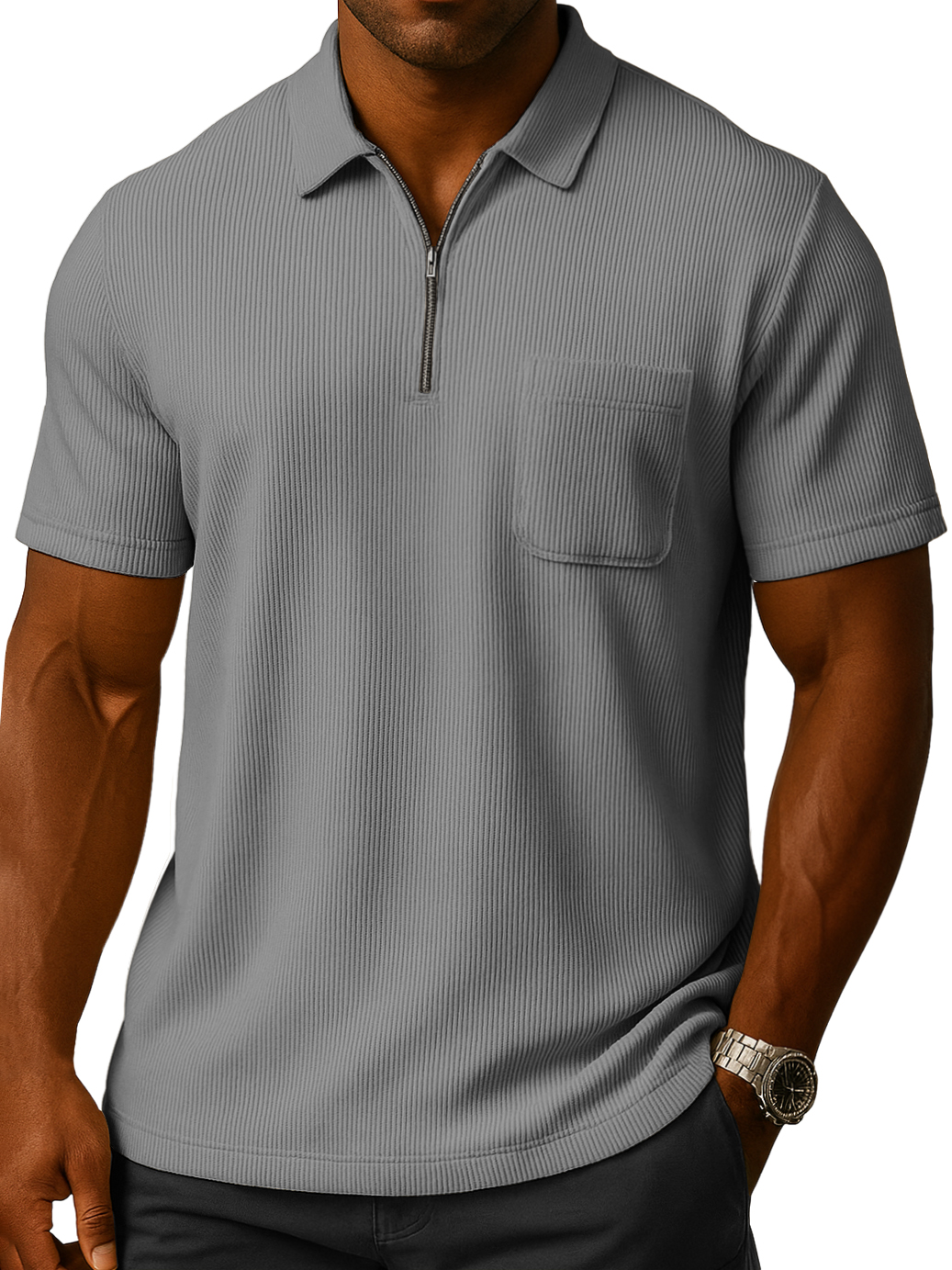 Men's Solid Color Loose And Comfortable Vertical Stripes Zipper Pocket Short-sleeved Polo Shirt