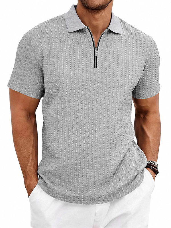 Men's Striped Jacquard Zip Up Short Sleeved  Polo Shirt