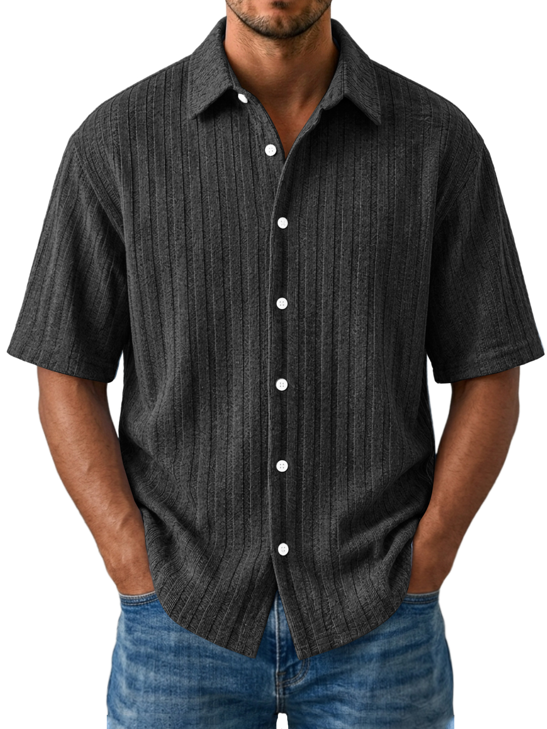 Men's Casual Striped Jacquard Short Sleeve Shirt