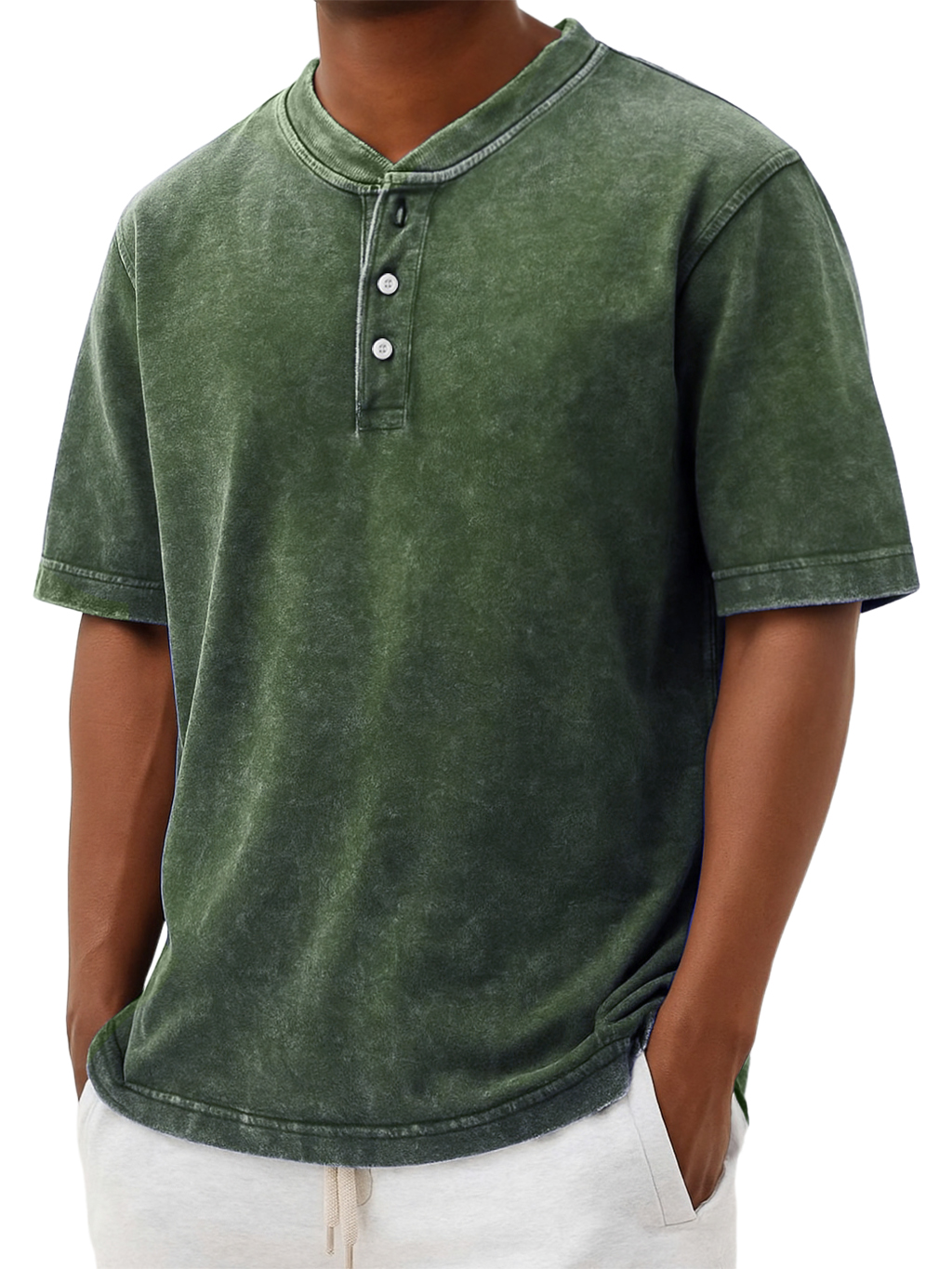 Men's Henry Collar Washed And Distressed Retro Casual Top