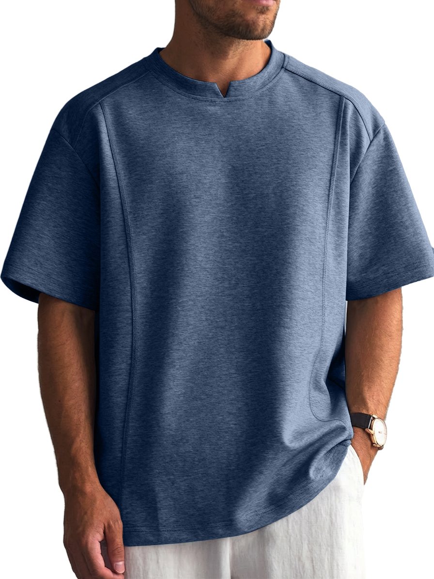 Men's Solid Color Deconstructed Short Sleeve T-Shirt with Shallow V-Neck