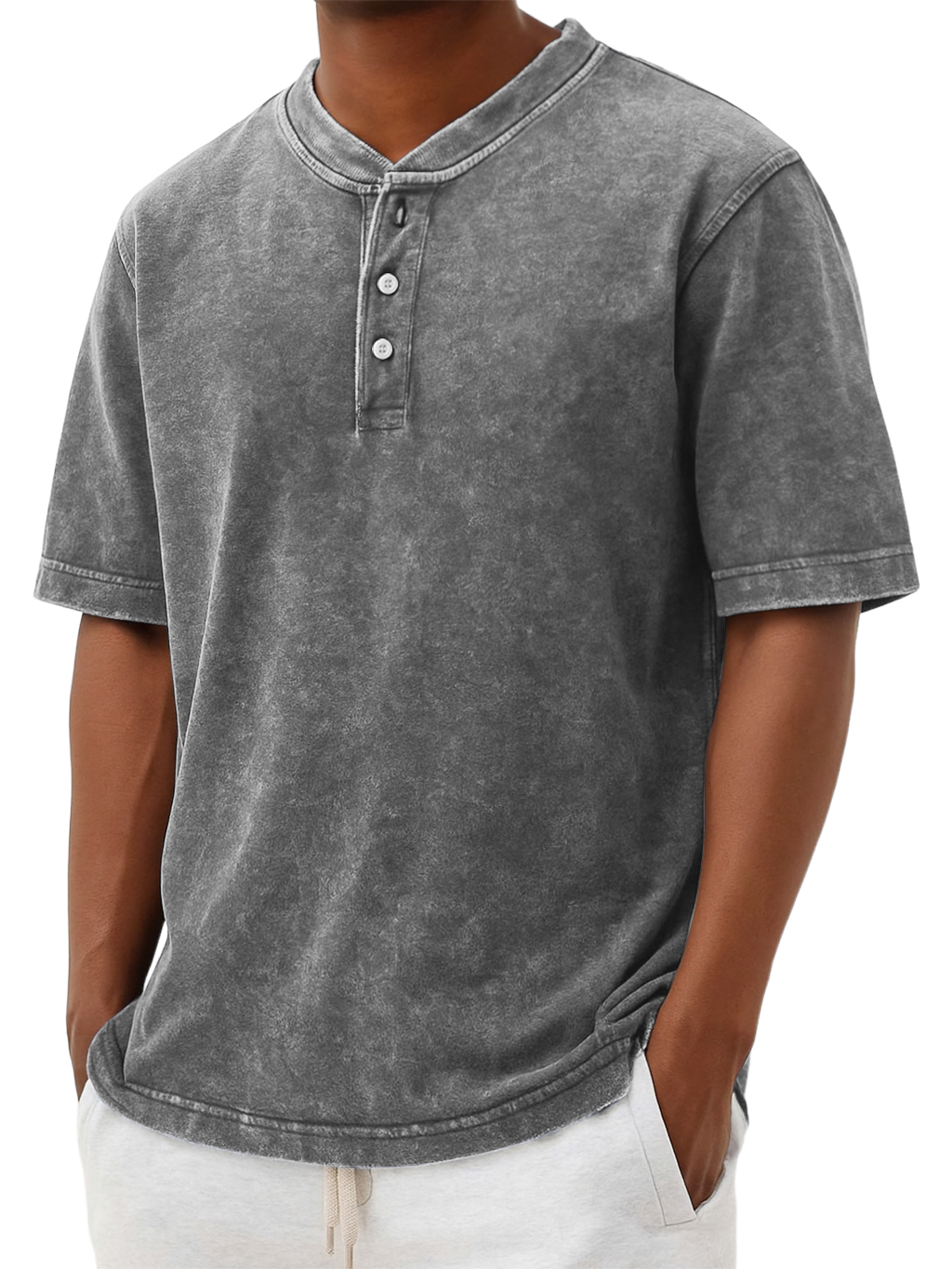 Men's Henry Collar Washed And Distressed Retro Casual Top
