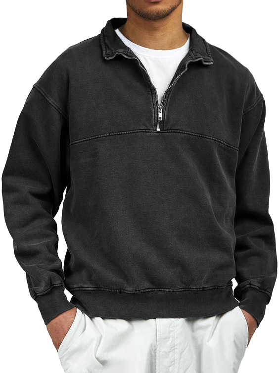 Men's Retro Distressed Quarter Zipper Stand Collar Long-Sleeve Sweatshirt