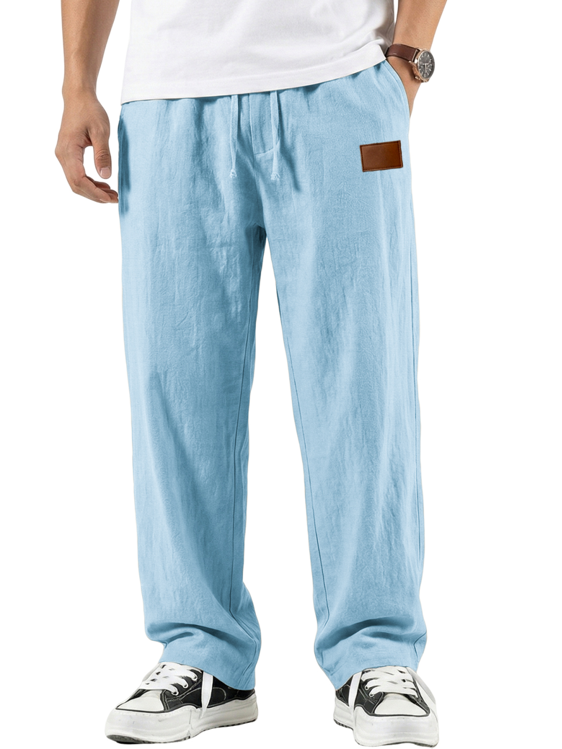 Men's Comfort Cotton-linen Breathable Pants with Embroidered Leather Labels