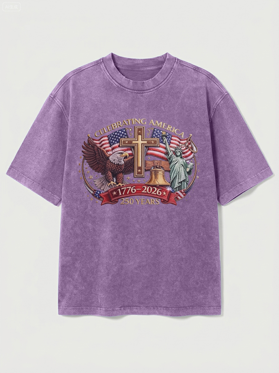 100% Cotton Vintage Washed & Distressed USA 250th Anniversary Crew Neck Short-Sleeve T-Shirt
