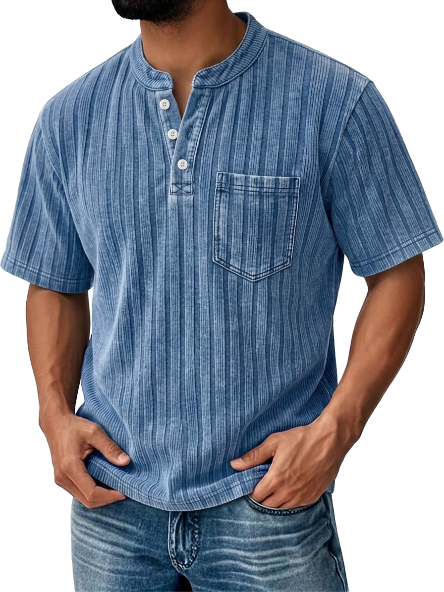 Men's Textured Striped Short-Sleeve Henley – Breathable & Comfortable