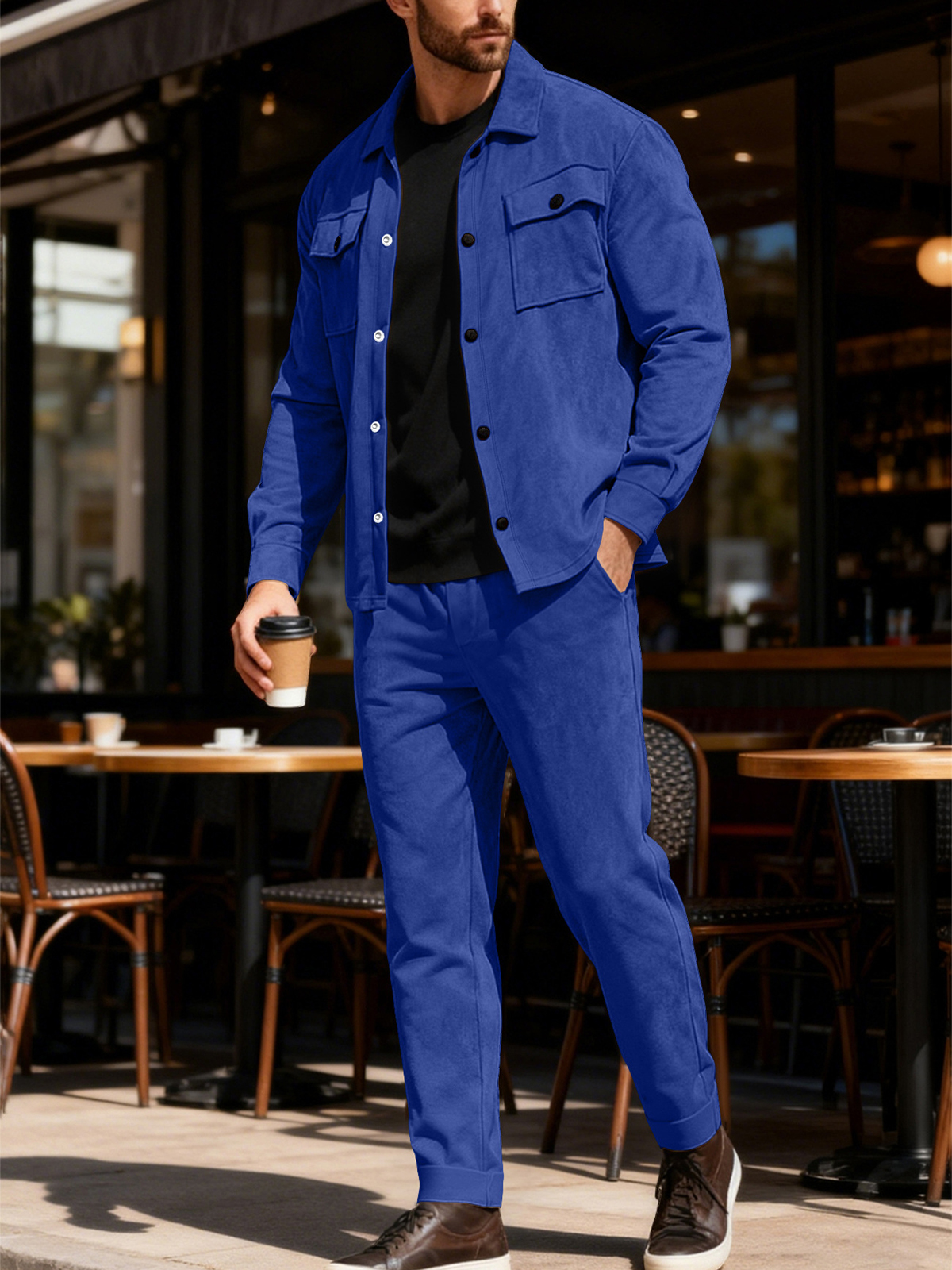 Heavyweight Casual Solid Color Suede Jacket and Trousers Set