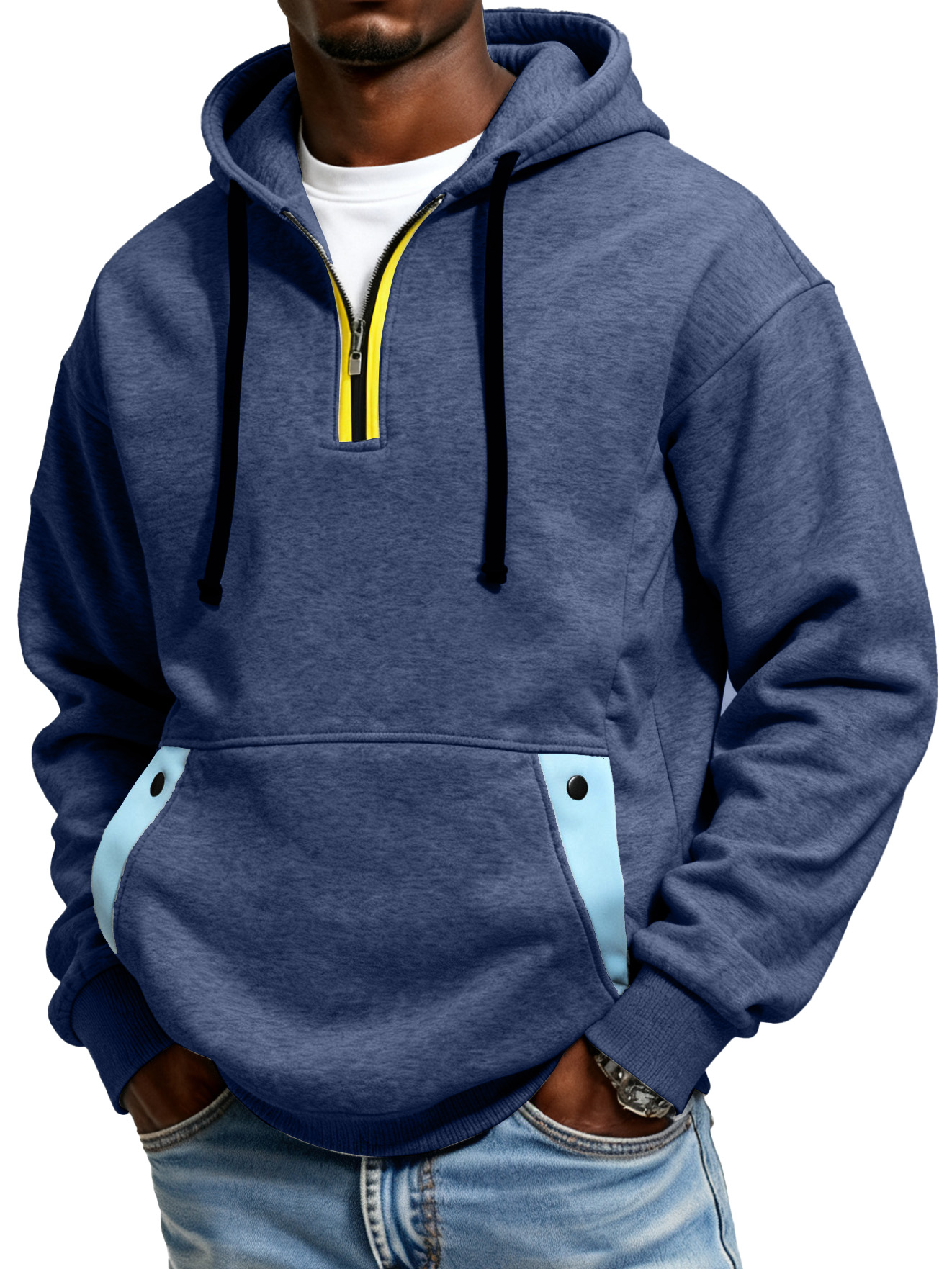 Men's Color Blocked Half Zip Hooded Pocket Sweatshirt