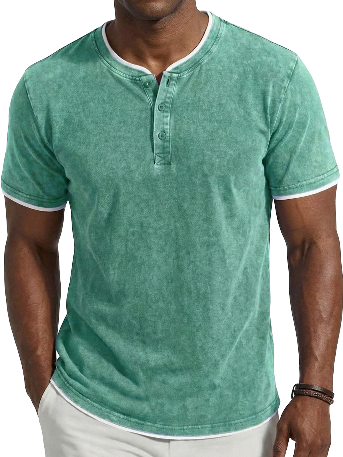 Men's Vintage Washed & Distressed Faux Layered Henley Short-Sleeve Top