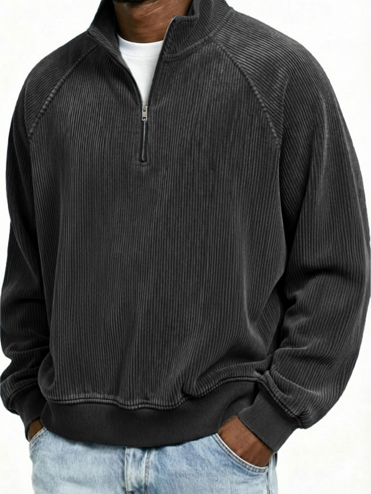 Men's Simple Ribbed Quarter-Zip Raglan Sleeve Pullover Polo Shirt