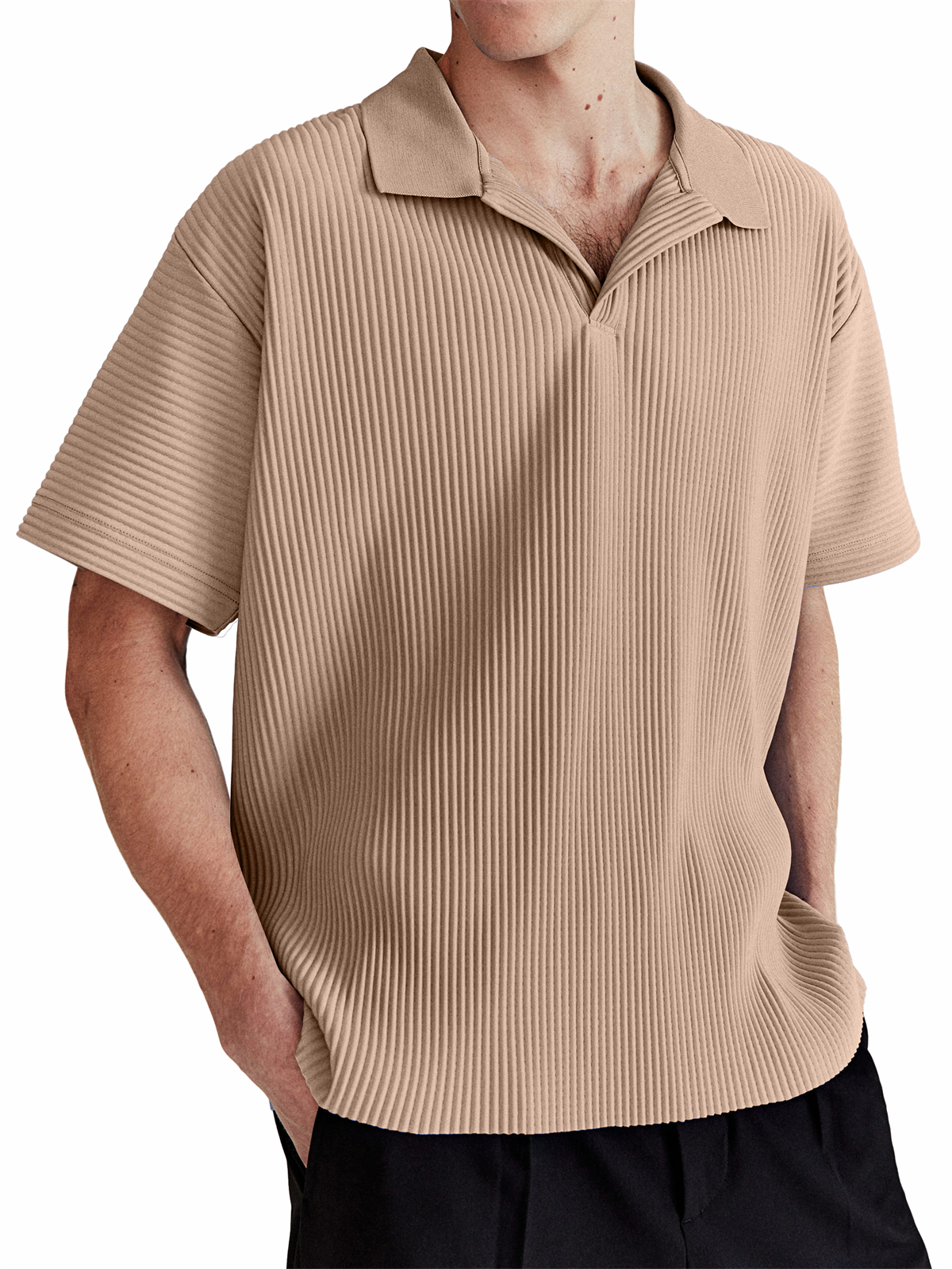 Men's Daily Casual Comfortable Vertical Striped Solid Color V-neck Short-sleeved Polo Shirt
