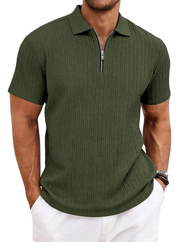 Men's Striped Jacquard Zip Up Short Sleeved  Polo Shirt