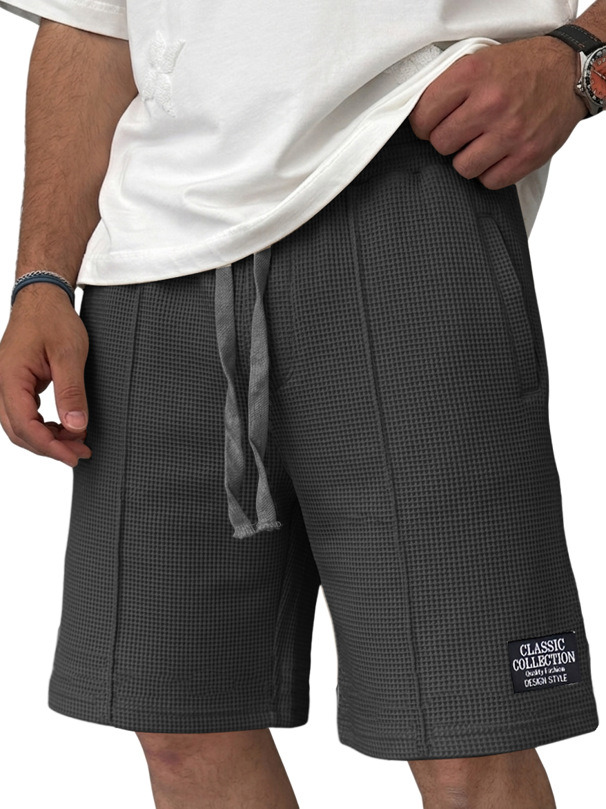 Men's Waffle Knit Casual Drawstring Elastic Waist Embroidered Logo Shorts