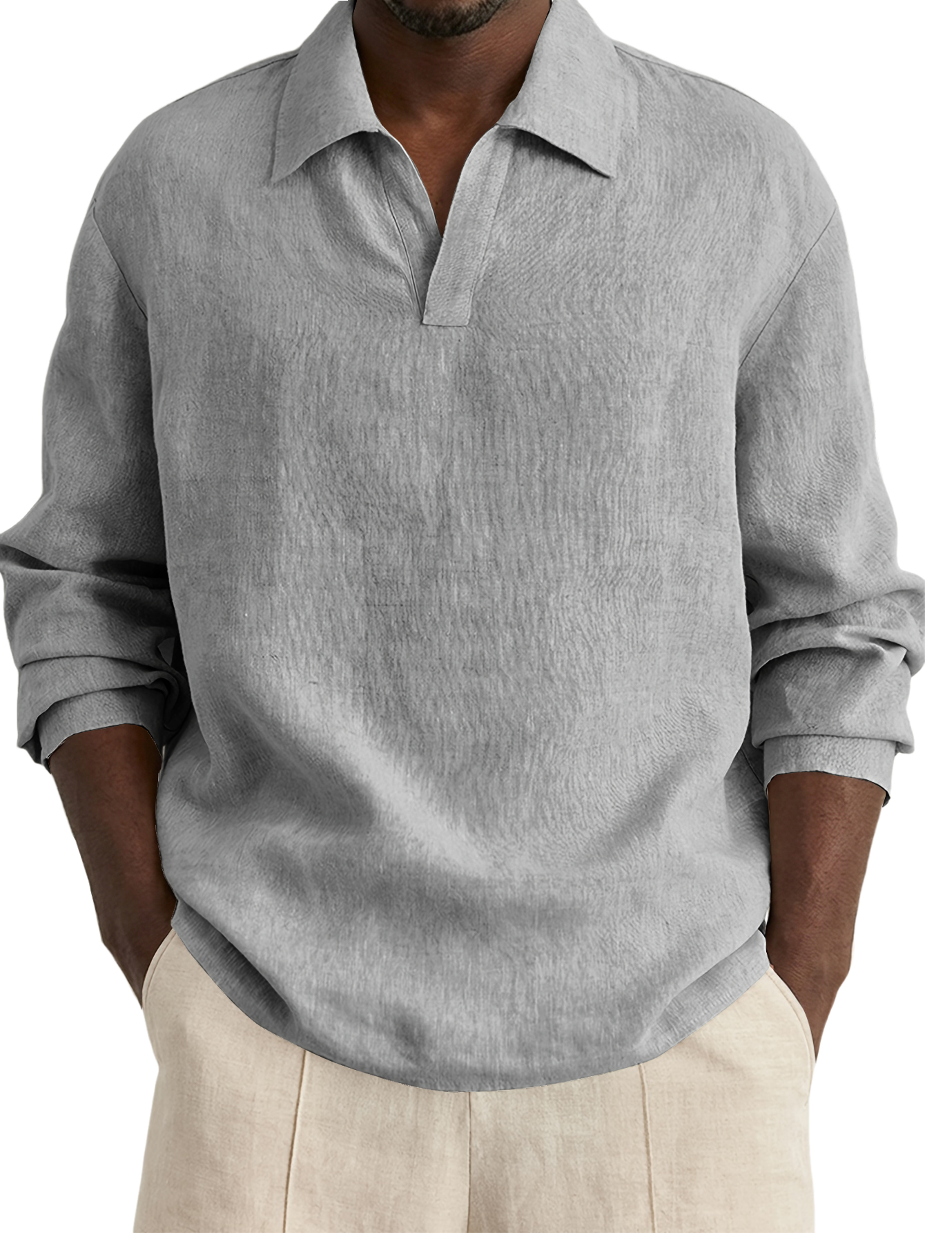 Men's Casual Simple Cotton Linen V-Neck Long-Sleeve Shirt