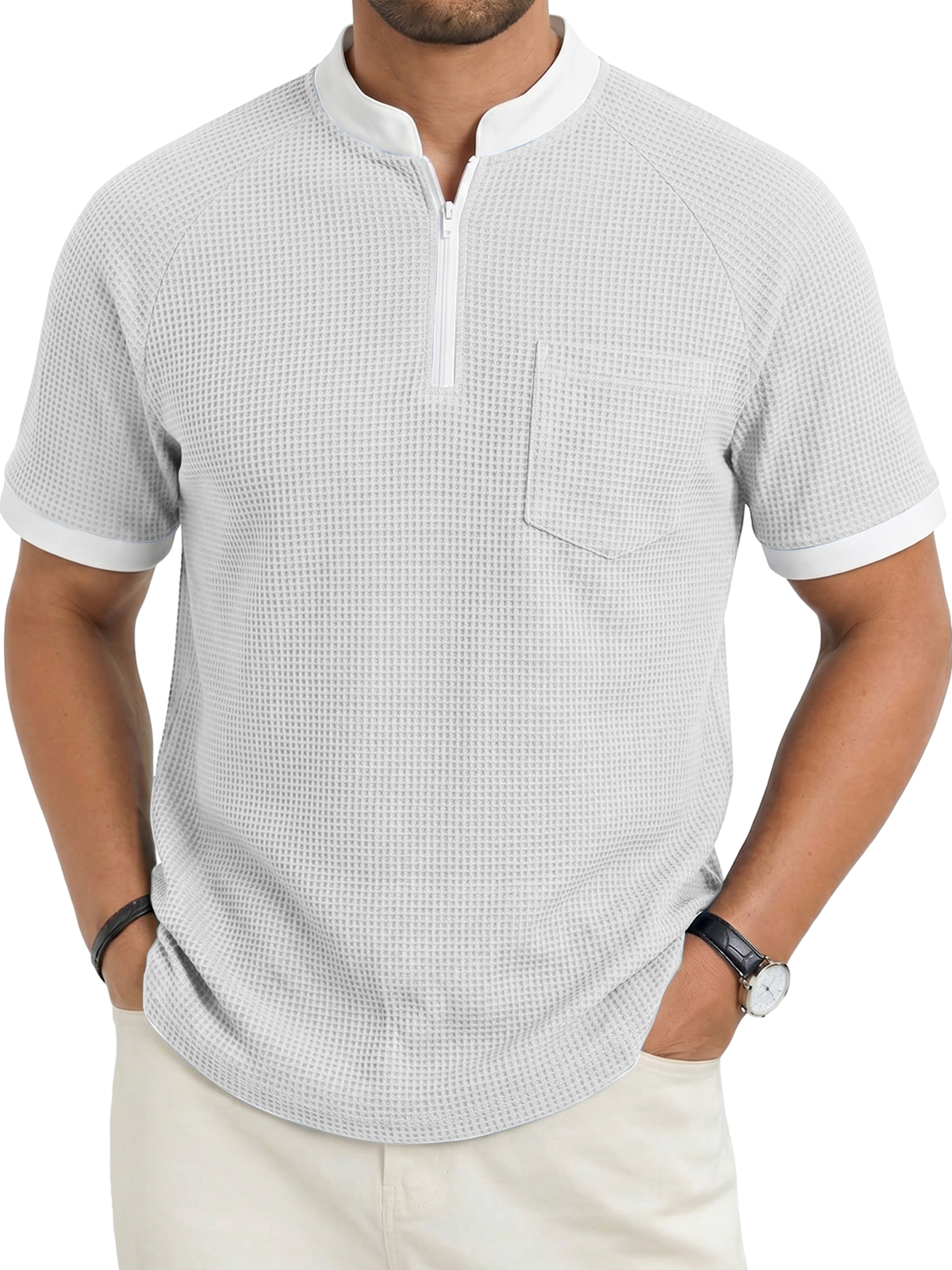 Men's Fashion Casual Stand Collar Zipper Waffle Fabric Pocket Short-Sleeve Top