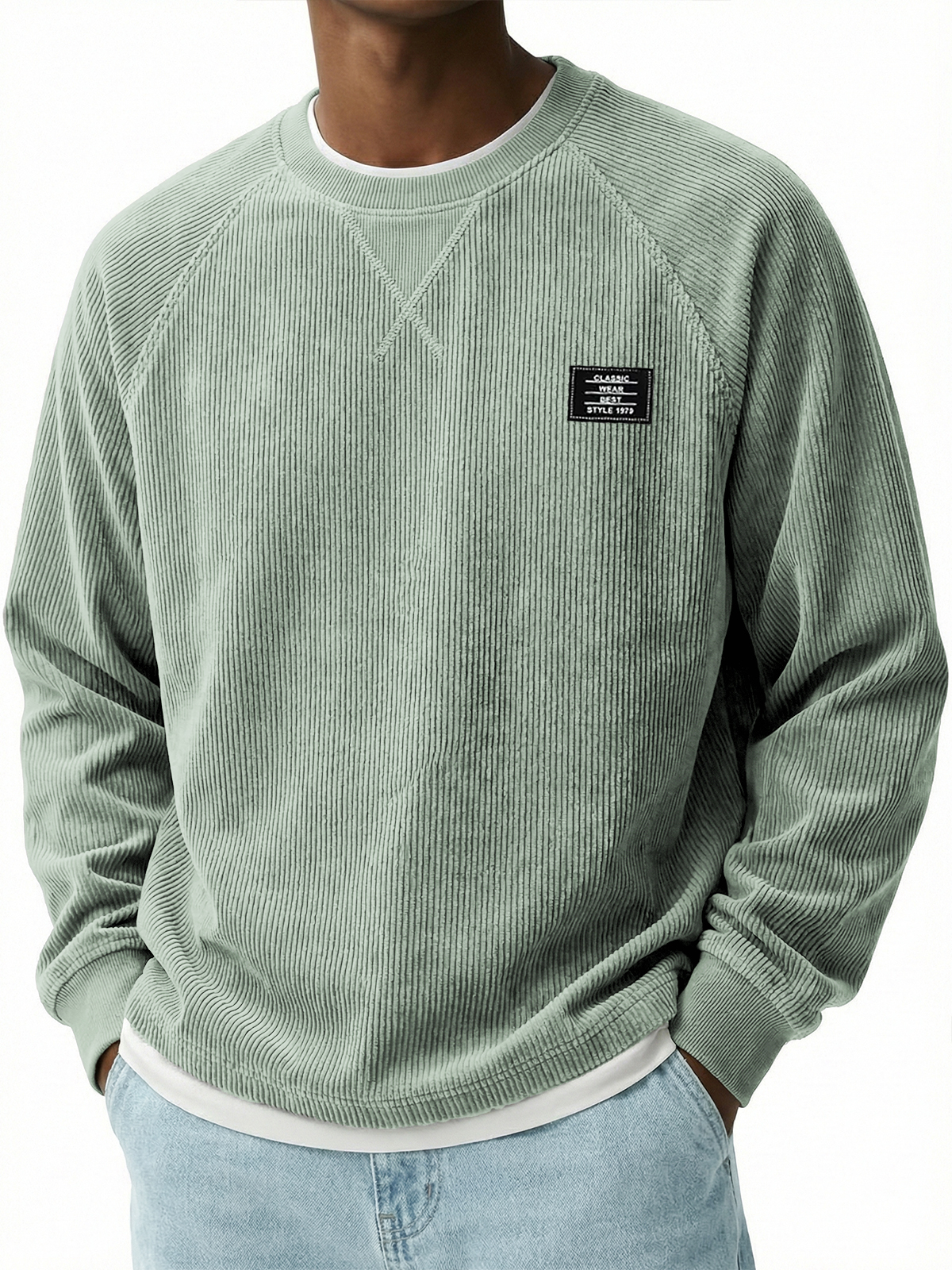 Corduroy Raglan Crew Neck Pullover Top with Stitched Embroidery Design