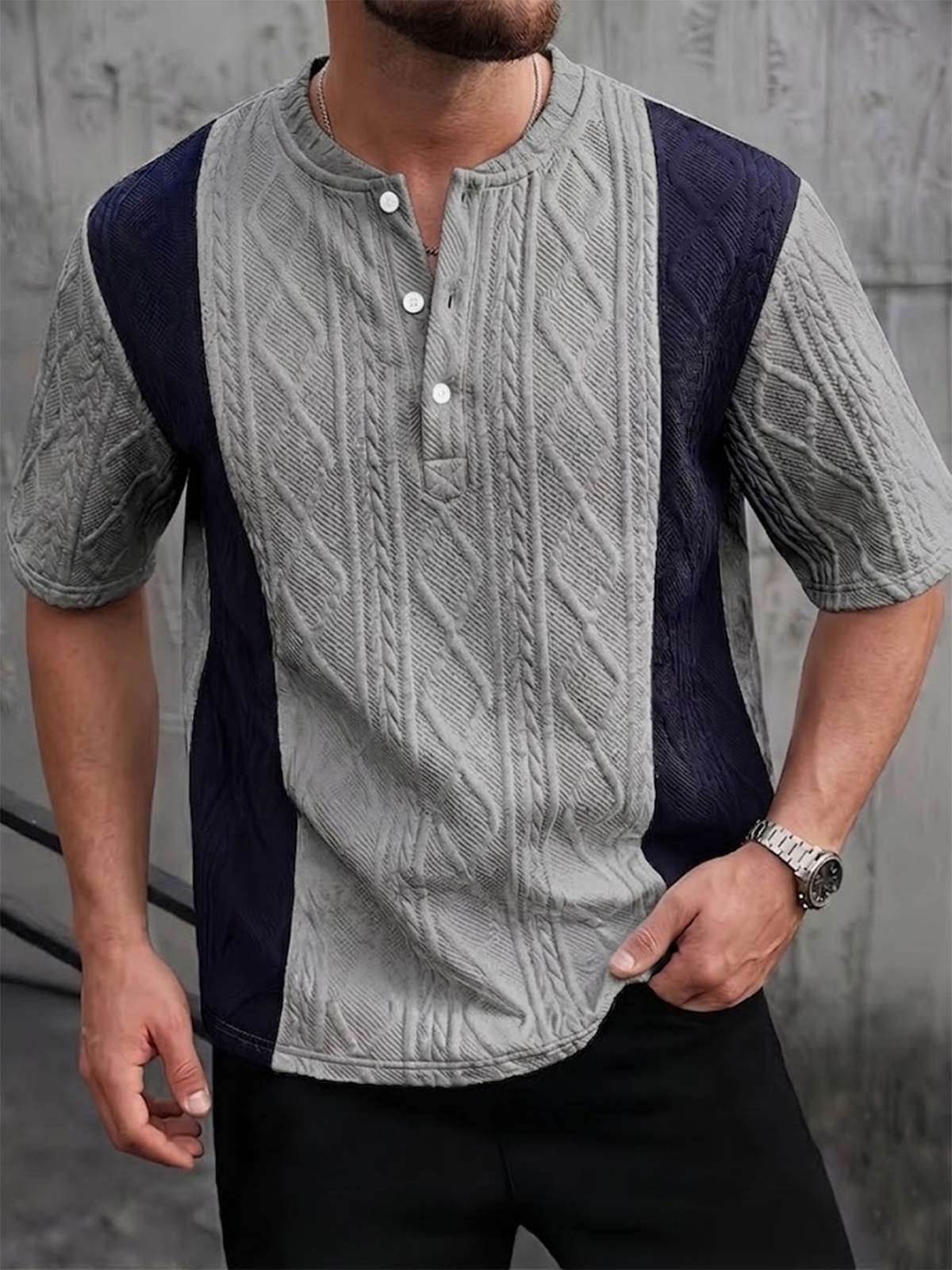 Men's Color-blocked Jacquard Textured Pullover Henley