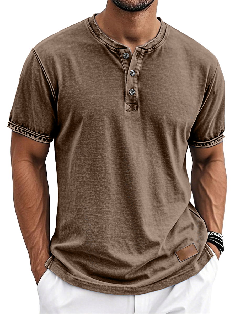 Men's Vintage Washed Retro Casual Short Sleeve Henley Shirt with Leather Logo Patch