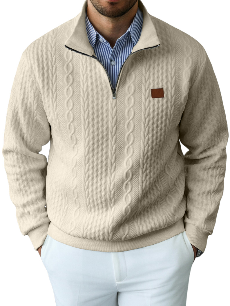 Men's Casual Solid Color Cable Knit Textured Quarter Zipper Stand Collar Sweatshirt