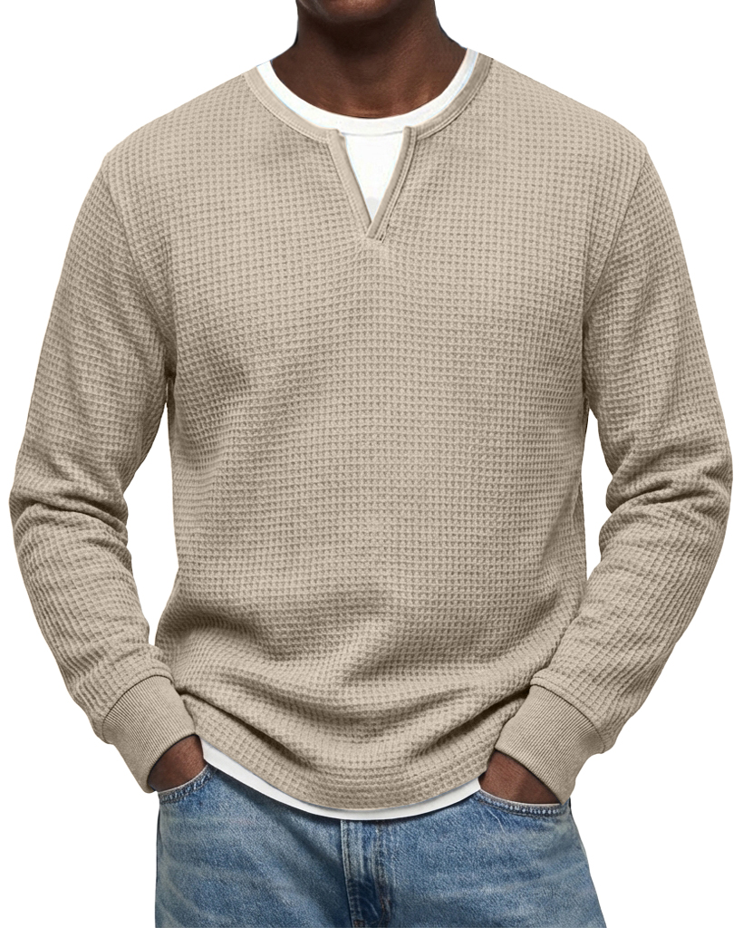 Men's Casual Urban  V-neck Faux Two-Piece Waffle Knit Crew Neck Long-Sleeve T-Shirt