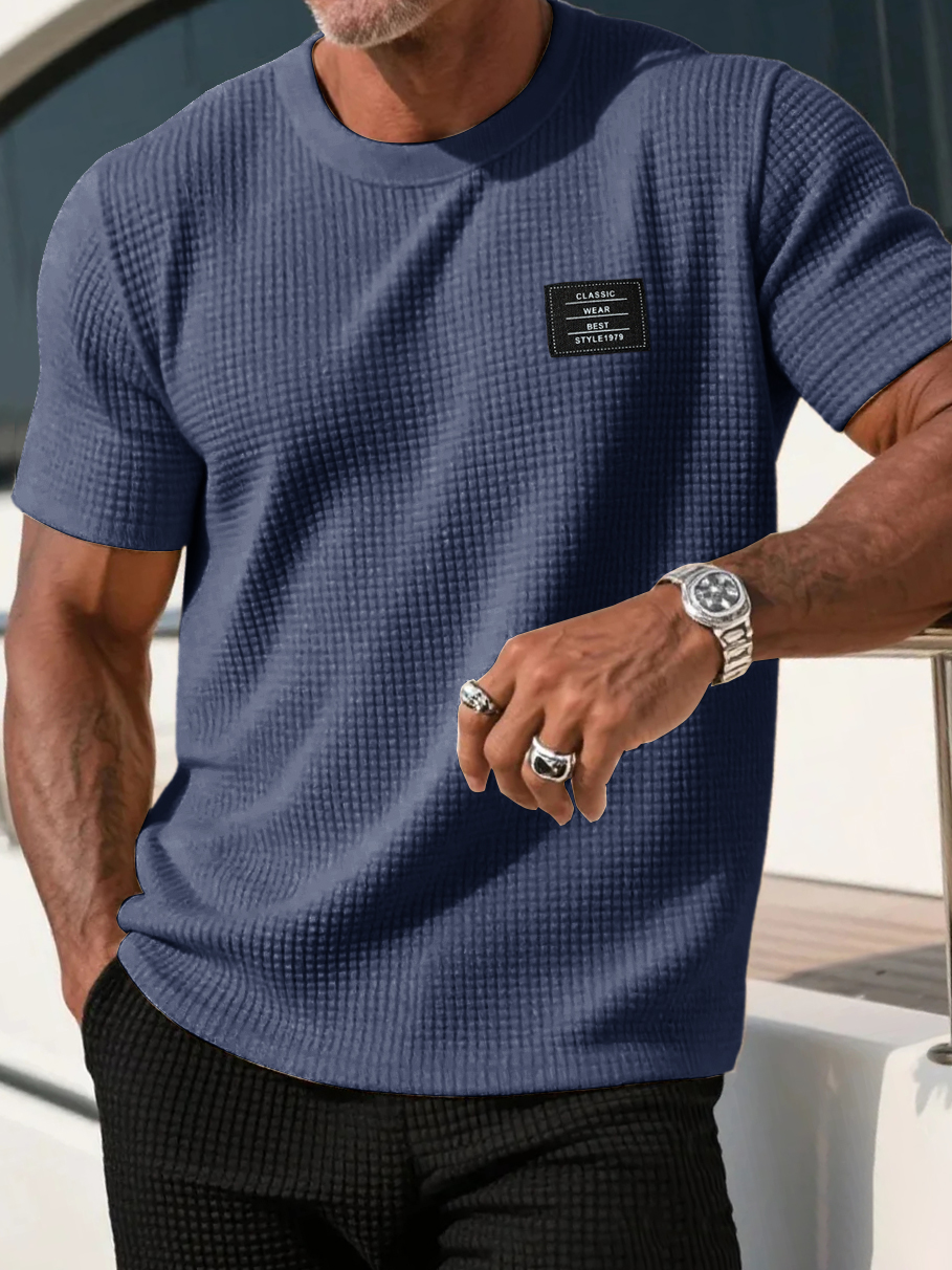 Men's Casual Waffle Fabric Logo Short-sleeved T-shirt
